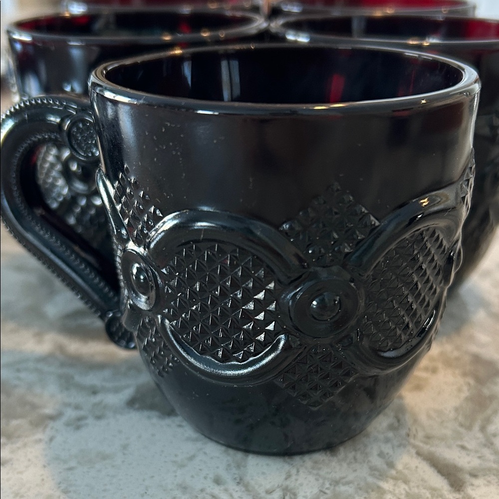 Vintage 1876 Cape Cod Collection. Five Ruby Red Embossed Mugs With Saucers.